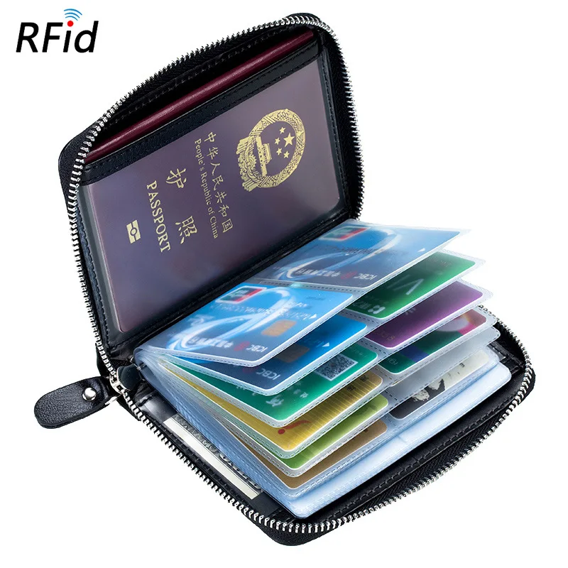 

Wallet RFID Passport Bag Genuine Leather Customizable Multi-functional Ticket Holder Long Zipper pvc id Card Holder Antimagnetic