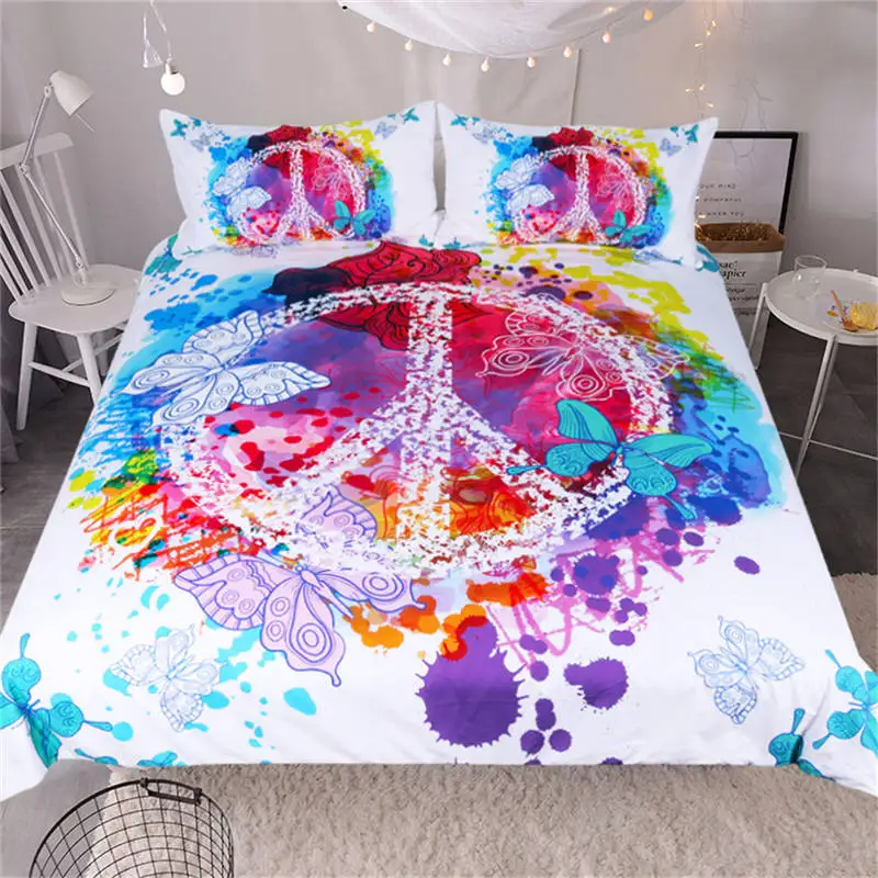 White BeddingOutlet Watercolor Butterfly Bedding Set Colorful Printed Quilt Cover With Pillowcases Peace Design Bed Set 3-Piece - Цвет: White