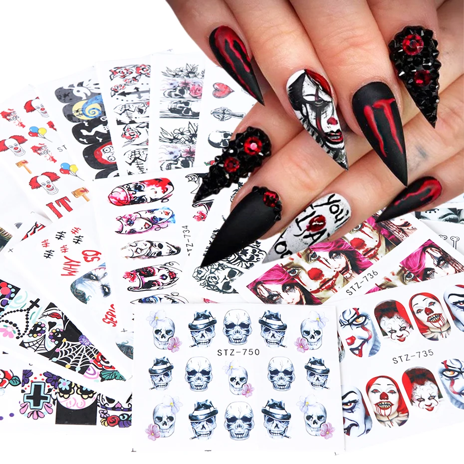 

Хэллоуин наклейки для ногтей ужас лицо Джокер череп дизайнерские наклейки Набор маникюрная вода обернуть кончик для украшения ногтей ...