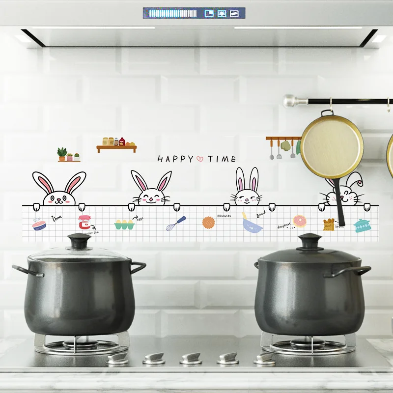 

Cartoon bunny Wall Stickers Oilproof Antifouling living room home decoration Mural Cute rabbit Wallpaper kitchen tile sticker