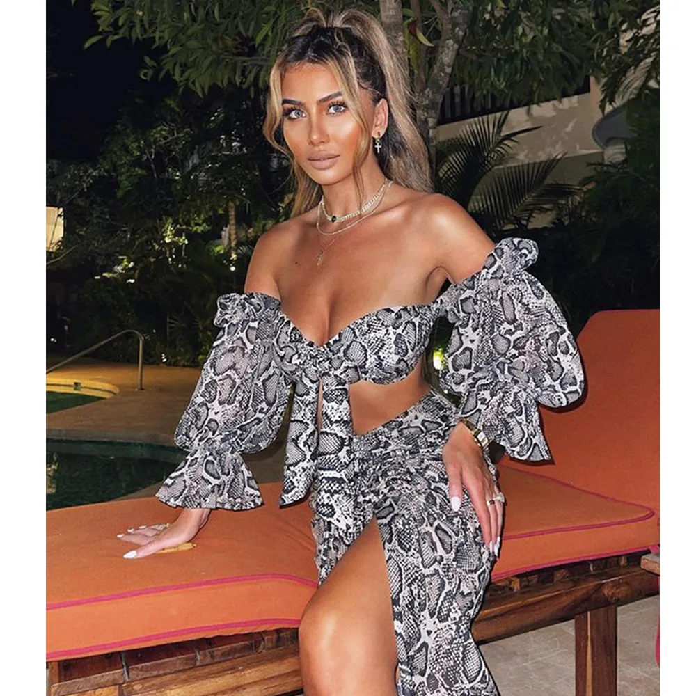 

Women Autumn Sexy Off Shoulder Snake Print Split Midi Two Piece Set 2021 Celebrity Designer Fashion Evening Party Women's Set