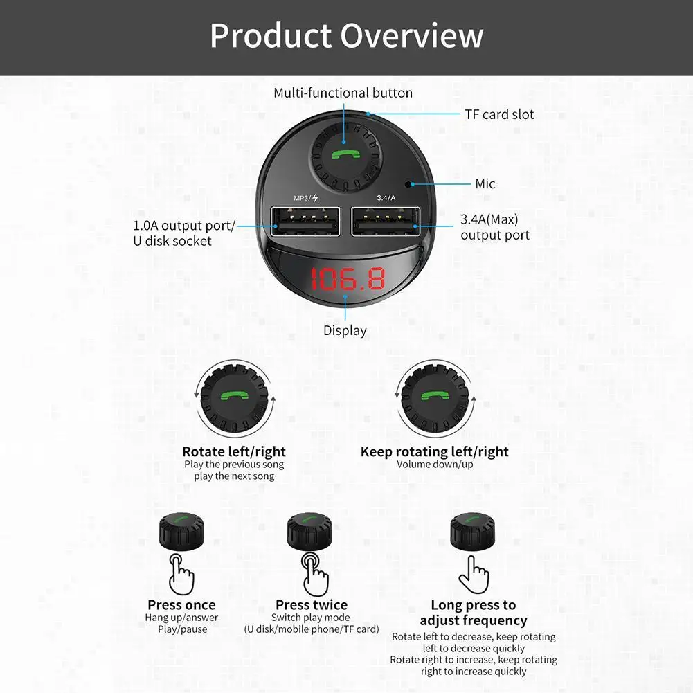 

Car Charger FM Transmitter Bluetooth Car Audio MP3 Player TF Card Car Kit 3.4A Dual USB Car Phone Charger For Xiaomi
