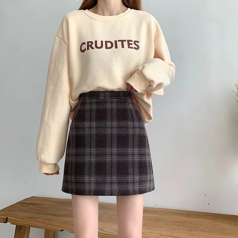 

UVRCOS 2021 New Autumn Winter Woolen Plaid Skirt Women's Mid-Length High-Waisted Slimming Hip-Covered Crotch Casual A-Line Skirt