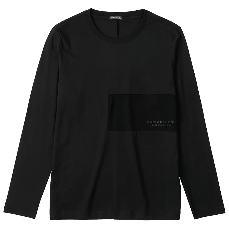 

KUEGOU 100% Cotton Autumn Spring Clothing Mens T-shirt Patchwork Fashion Black Tees Long Sleeve Top Plus Size ZT-88046