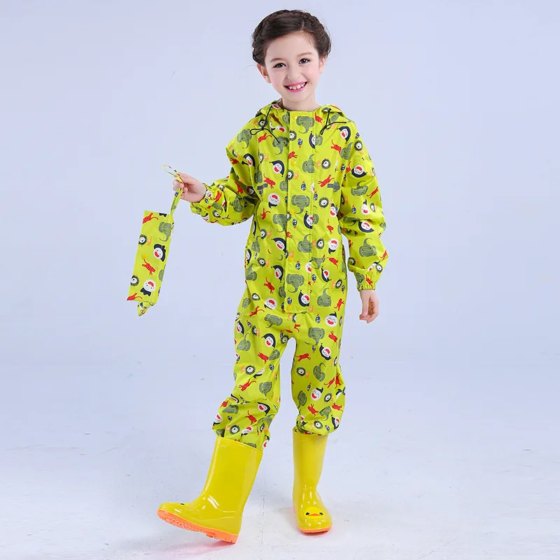 

Kids Overall Rain Jumpsuit Hooded Animal Modeling Printing Raincoat Siamese Windproof Nylon Rainwears for Boys and Girls