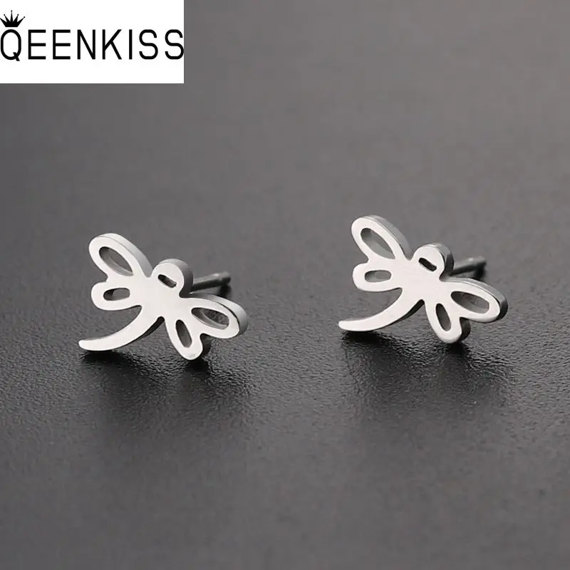 

QEENKISS EG8183 Fine Jewelry Wholesale Fashion Woman Wedding Birthday Gift Dragonfly Titanium Stainles Steel Stud Earrings 1PC
