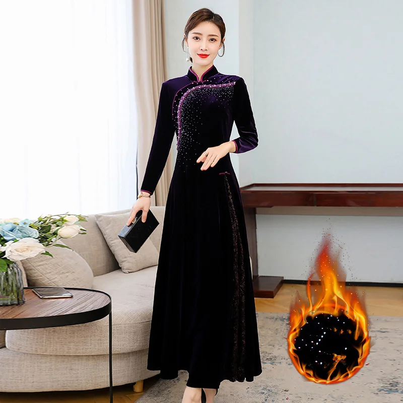 

Velvet dress women autumn and winter new fashion slim retro cheongsam dress large size M-4XL high quality and elegant vestidos