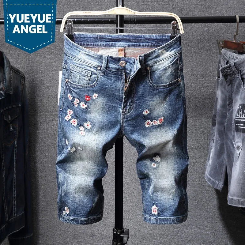 

Retro Embroidery Denim Shorts Men Fashion Holiday Knee-Length Shorts Summer Zip Straight Short Jeans Beach Shorts Plus Size 40