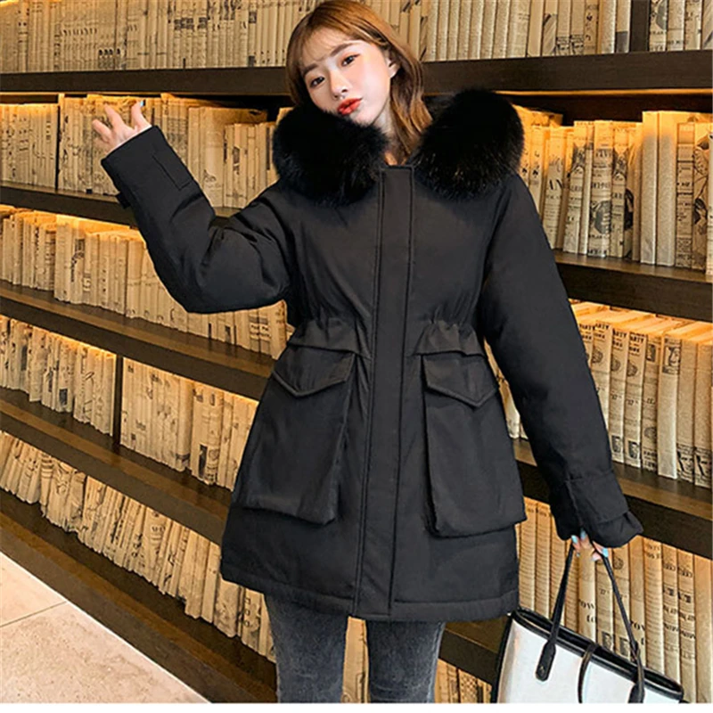 

Mid-Length Cotton-Padded Jacket Women 2020 Winter Fashion New Fur Collar Hooded Long-Sleeved Thick Warm Workwear Coat Trend 249