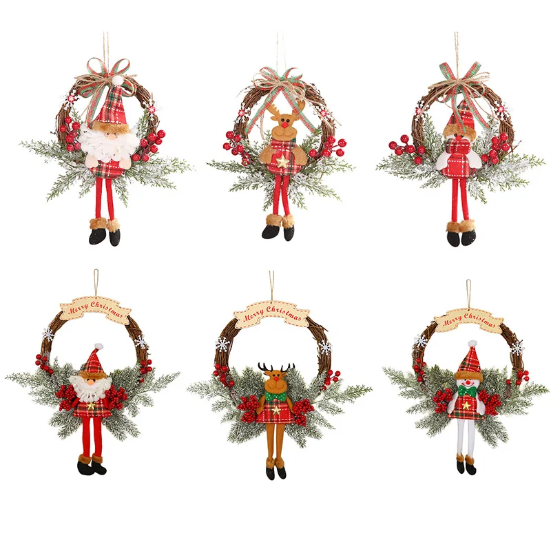 

Christmas Hanging Wreath Ornaments Xmas Decoration Door Hanging Pendants Santa Claus Rattan Ring Hanging Garlands