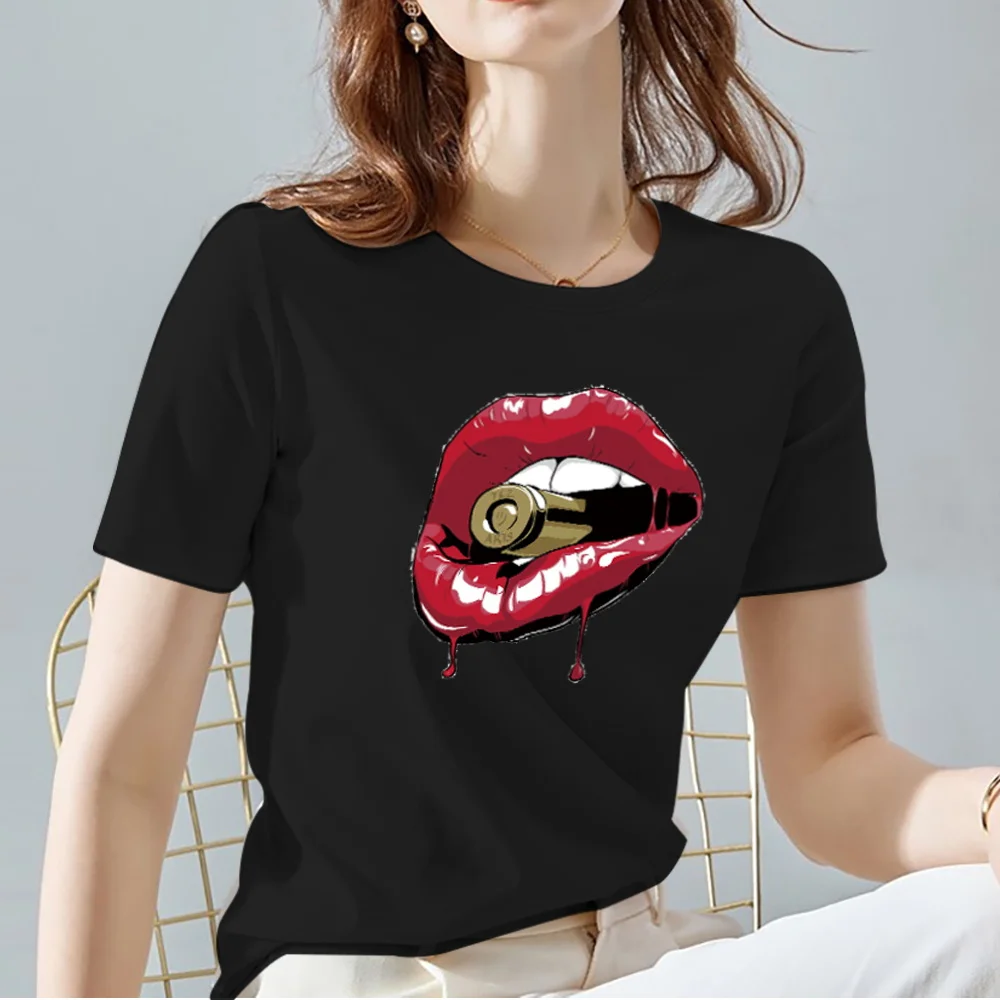 

Summer Women Tshirts Vogue Classic All-match Black Tops Casual Fashion Sexy Lips Pattern Series Short Sleeve Women's Clothes