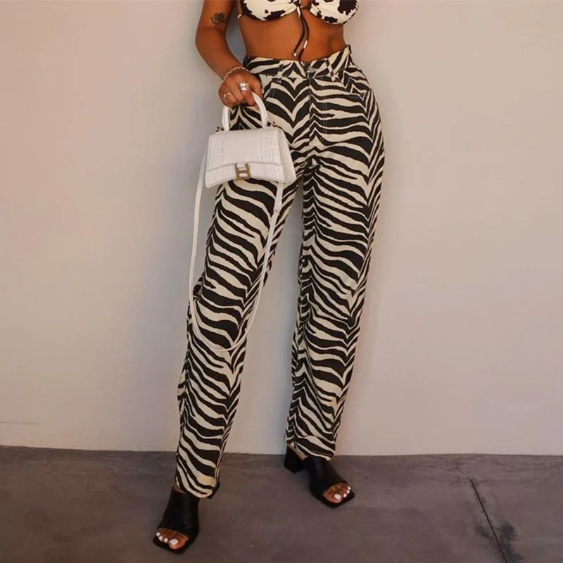 

Женские прямые джинсы с принтом зебры, широкие брюки, пикантные брюки с высокой талией, новинка сезона осень 2021, модная повседневная женская...