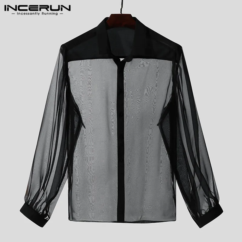 INCERUN Men Mesh Shirt Transparent Long Sleeve Lapel Collar Sexy Party Nightclub Fashion Blouse Streetwear 2022 Camisa Masculina