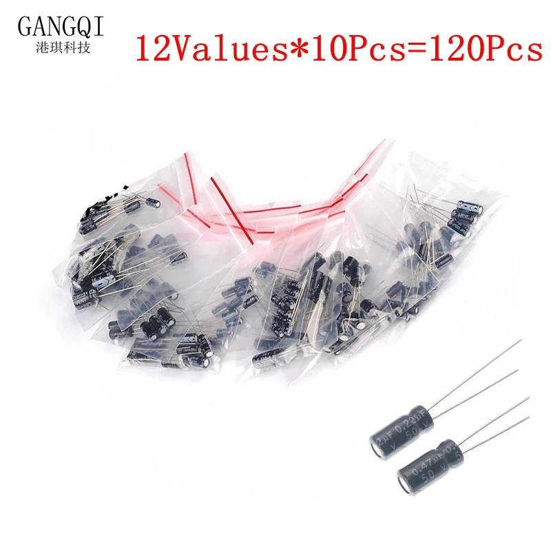 

120pcs 1set of 120pcs 12 values 0.22UF-470UF Aluminum electrolytic capacitor assortment kit 50v 0.22uf 0.47uf 25v 10uf 1uf 16V