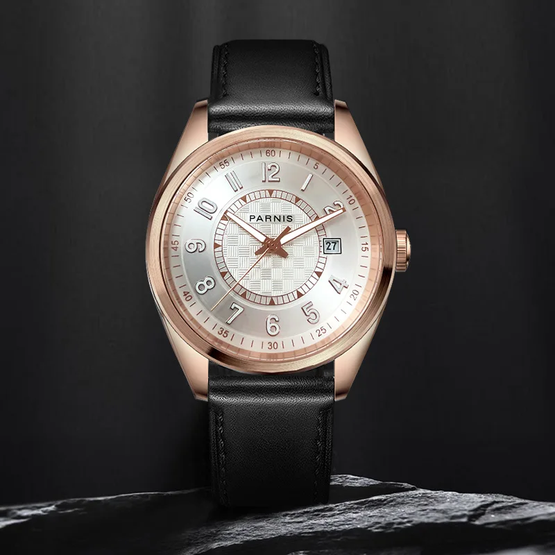 

Fashion Parnis 40MM Rose Gold Case Mechanical Automatic Men Watch Calendar Sapphire Crystal Miyota 8215 Leather Strap Wristwatch
