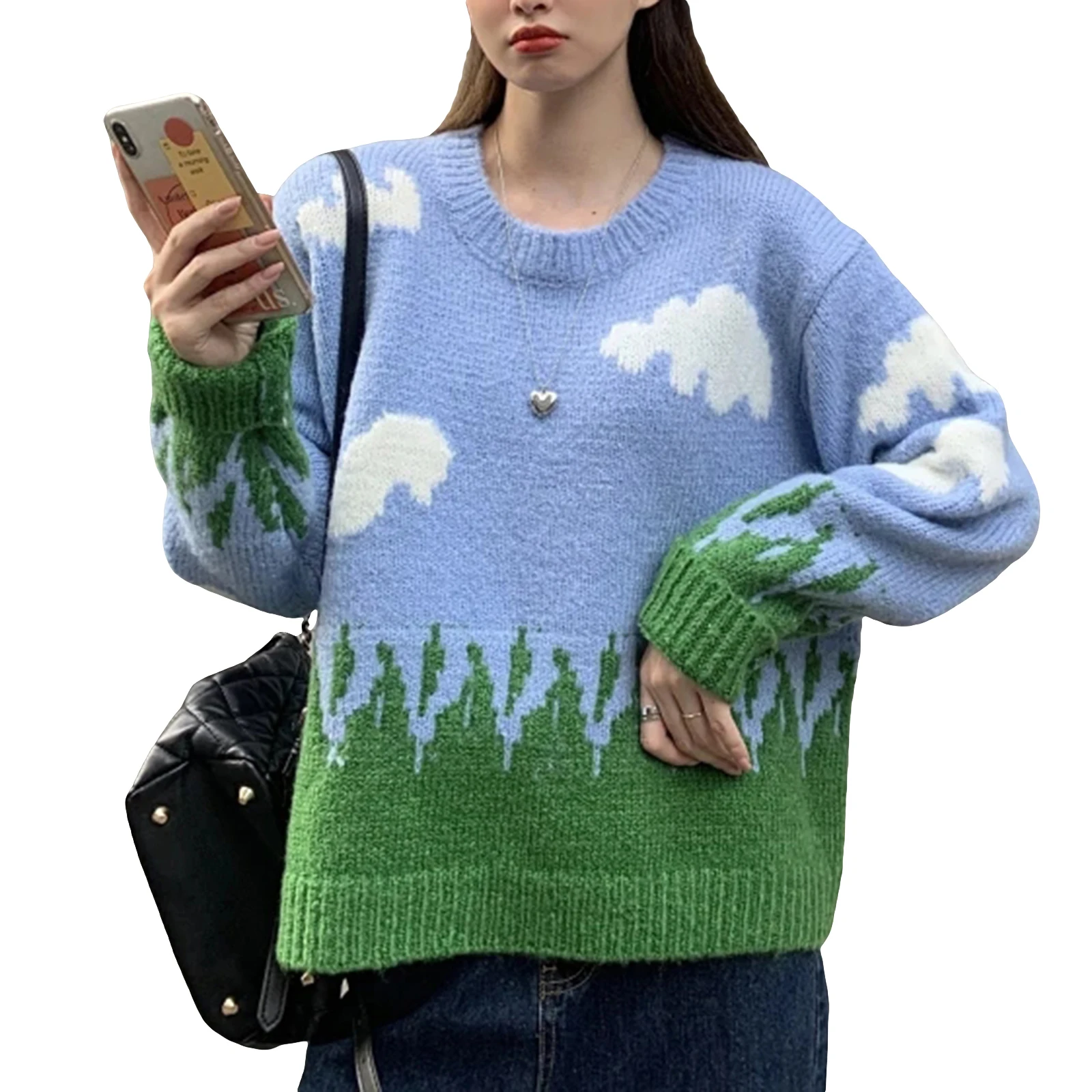 Женский трикотажный свитер с круглым вырезом длинным рукавом | Женская одежда