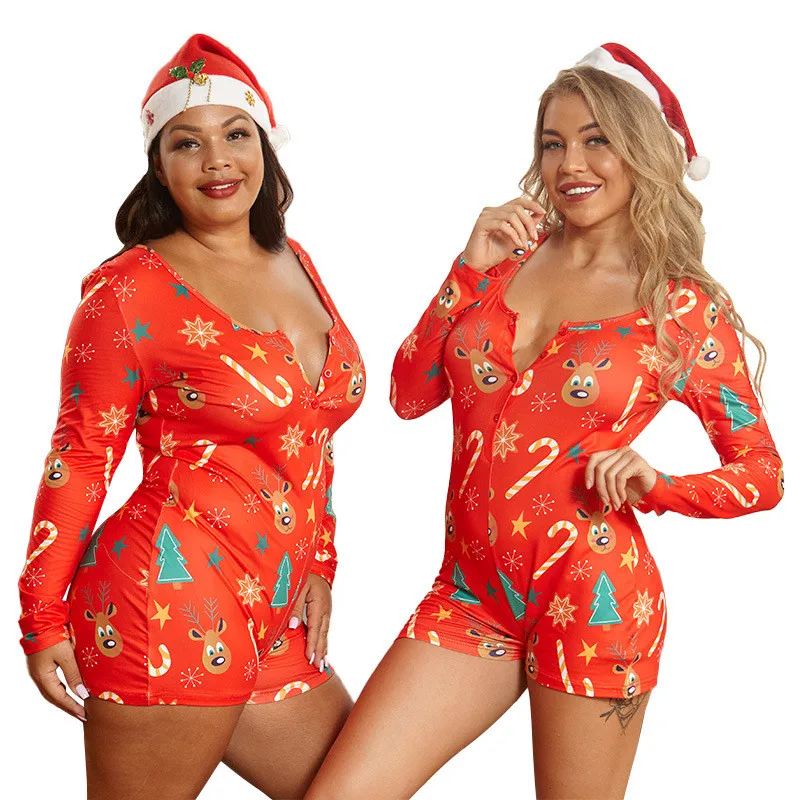 Christmas Sexy Print Short Jumpsuits Sleepwear Night Long Sleeve Casual Deep V-Neck Bodycon Romper Slim Stretch Autumn Playsuits
