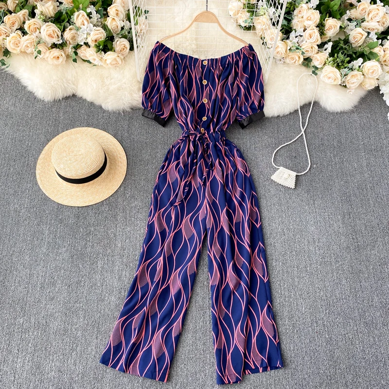 

European and American style retro printed holiday jumpsuit goddess Fan Xinji one-shoulder short-sleeved slim long wide-leg pants