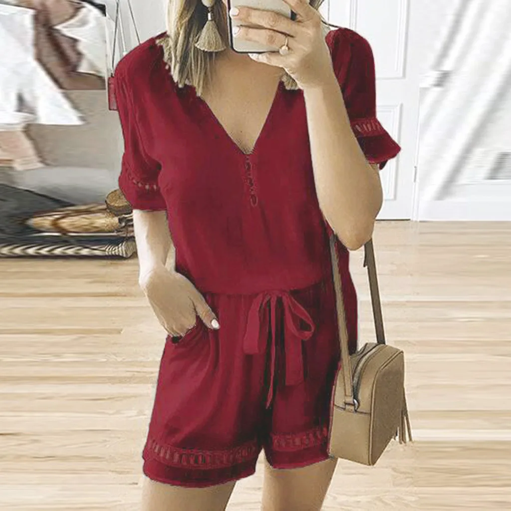 Женские Комбинезоны Боди Топы повседневные кружевные лоскутные с v образным