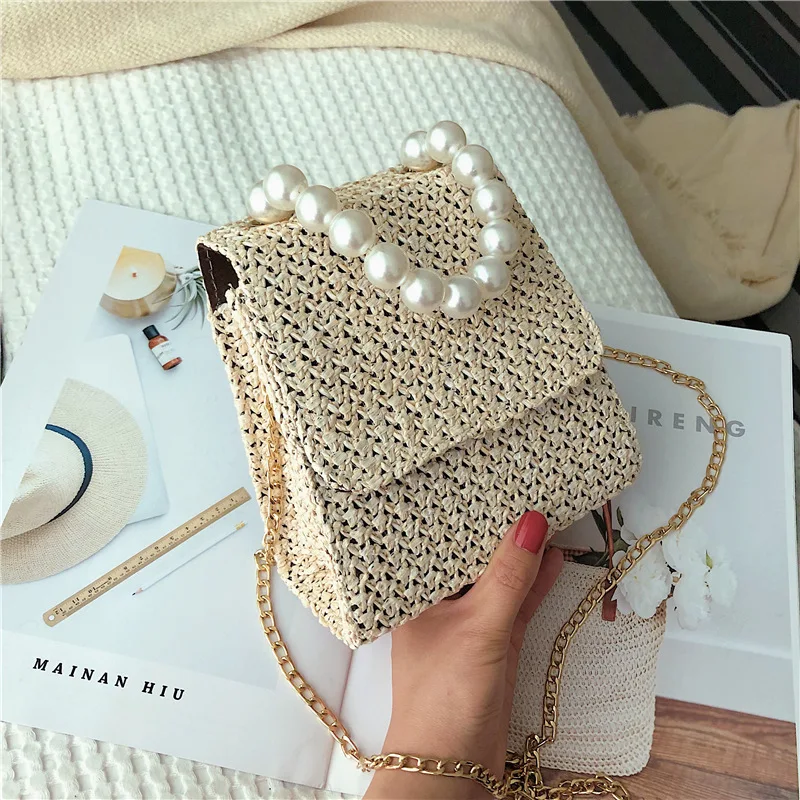 Straw Bags For Women 2020 Female Summer Handmade Woven Shoulder Small Pearl Handle Ladies Hand Travel Purse Beach | Багаж и сумки