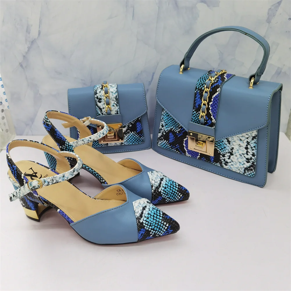 2020 INS Sandals New Design Light Blue Italian Women Shoes and Bag to Match Mature Style Matching Shoes and Bags Set for Party