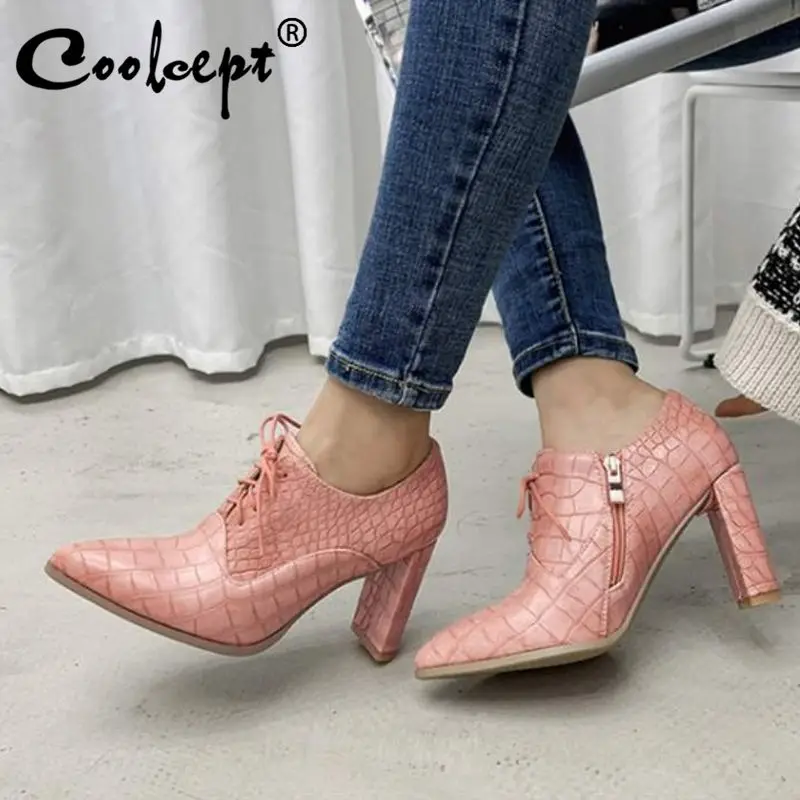 

RIZABINA/женские туфли-лодочки на молнии кожаные туфли с острым носком женские пикантные однотонные офисные туфли на толстом каблуке размеры ...