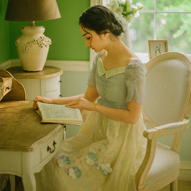 

Princess sweet lolita dress Palace wind V-neck slim embroidery Chiffon Dress super fairy fashion dress in summer HJS069