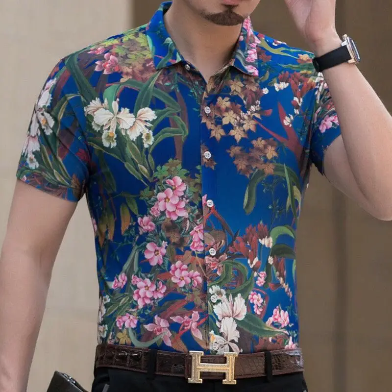 Мужская гавайская рубашка с коротким рукавом приталенная Camisa Masculina летняя