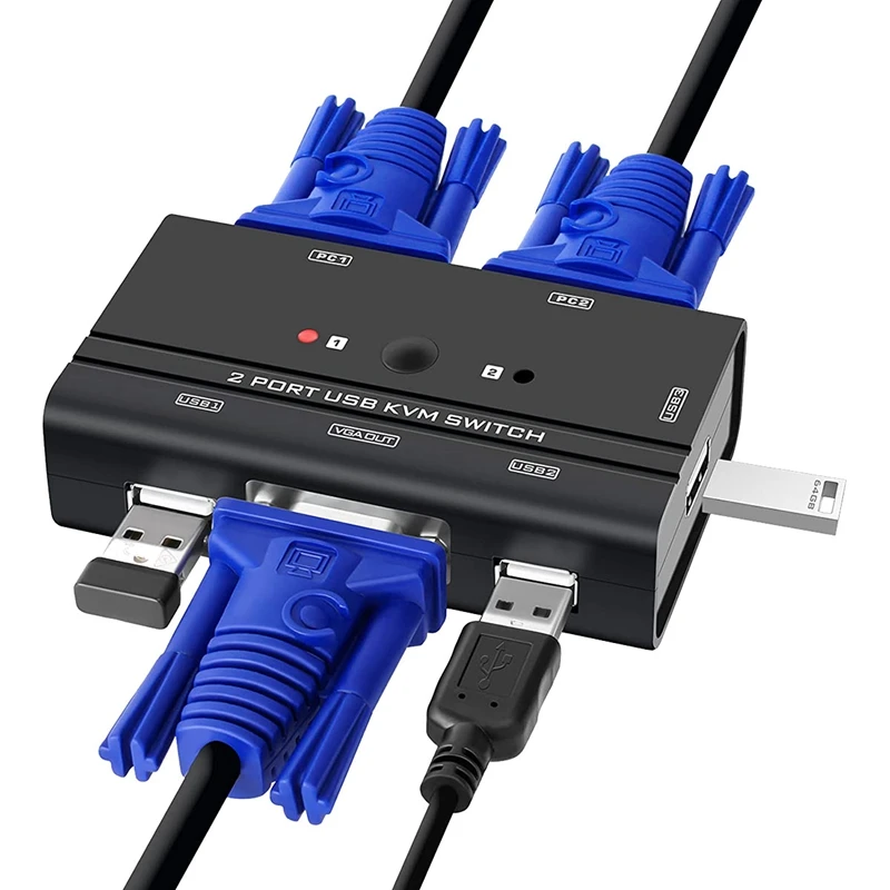 

USB VGA KVM Switch with Cables, 2 Port Selector Switcher for 2PC Sharing 1 Video Monitor and 3 USB Devices, Keyboard