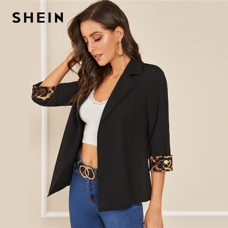 SHEIN зазубренный воротник Леопардовый принт рукава с манжетами элегантный блейзер для женщин осень с закатанными рукавами офисные женские куртки-блейзеры