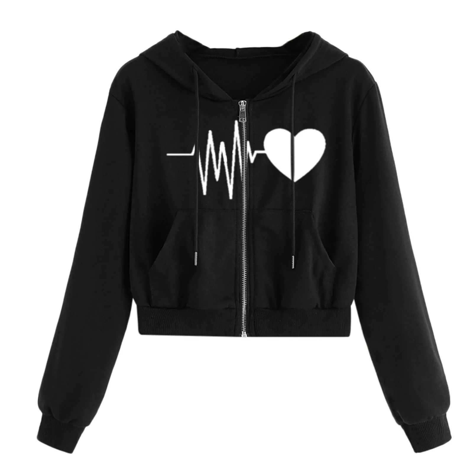 

Women Heartbeat Print Long Sleeve Zipper Pocket Shirt Hooded Sweatshirt Tops Sudaderas Hoodies Moletom Feminino Брючные Костюмы