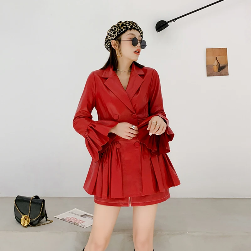 Женское кожаное платье с двойными пуговицами элегантное из натуральной овечьей