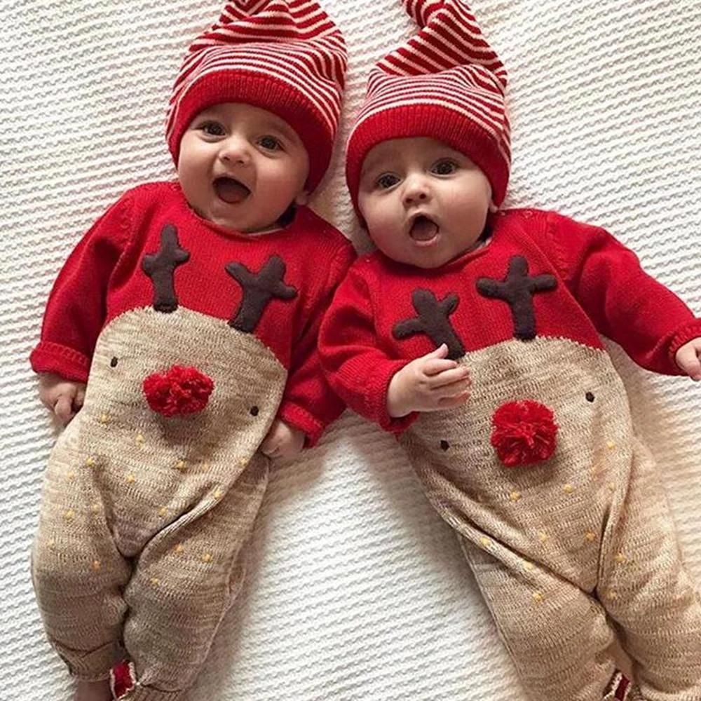 

Christmas Unisex Girls Boys Reindeer Printed Romper and Striped Printed Pom Hats Set