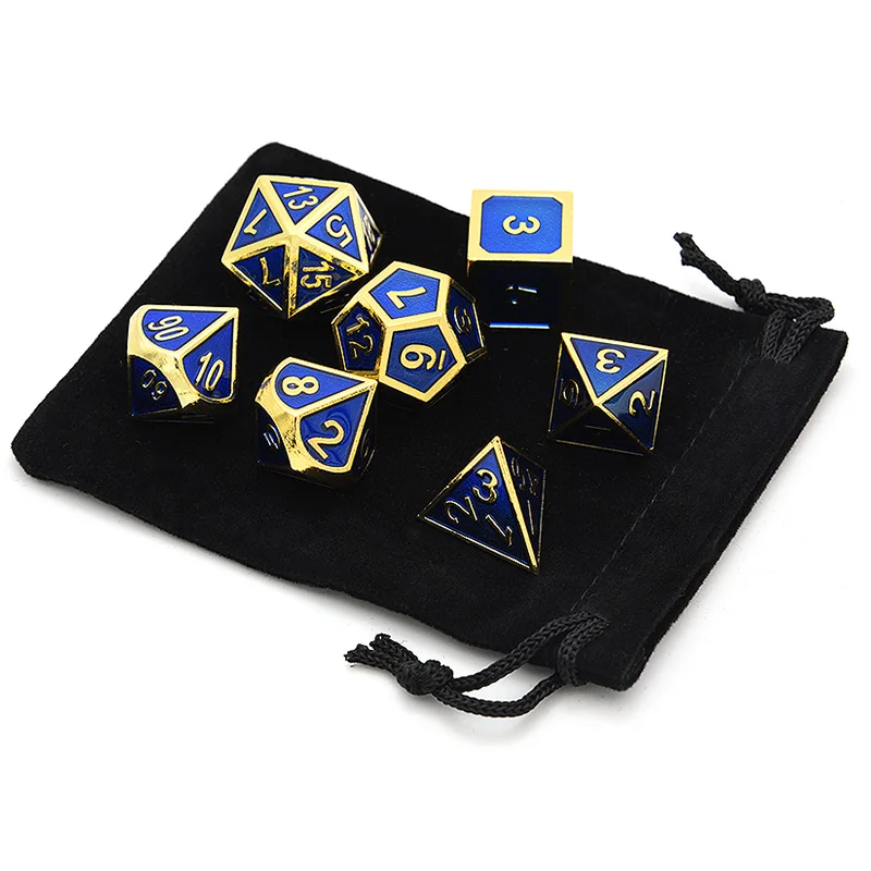 XSXS--A Набор из 7 игральных костей блестящий золотой отделки с королевской синей