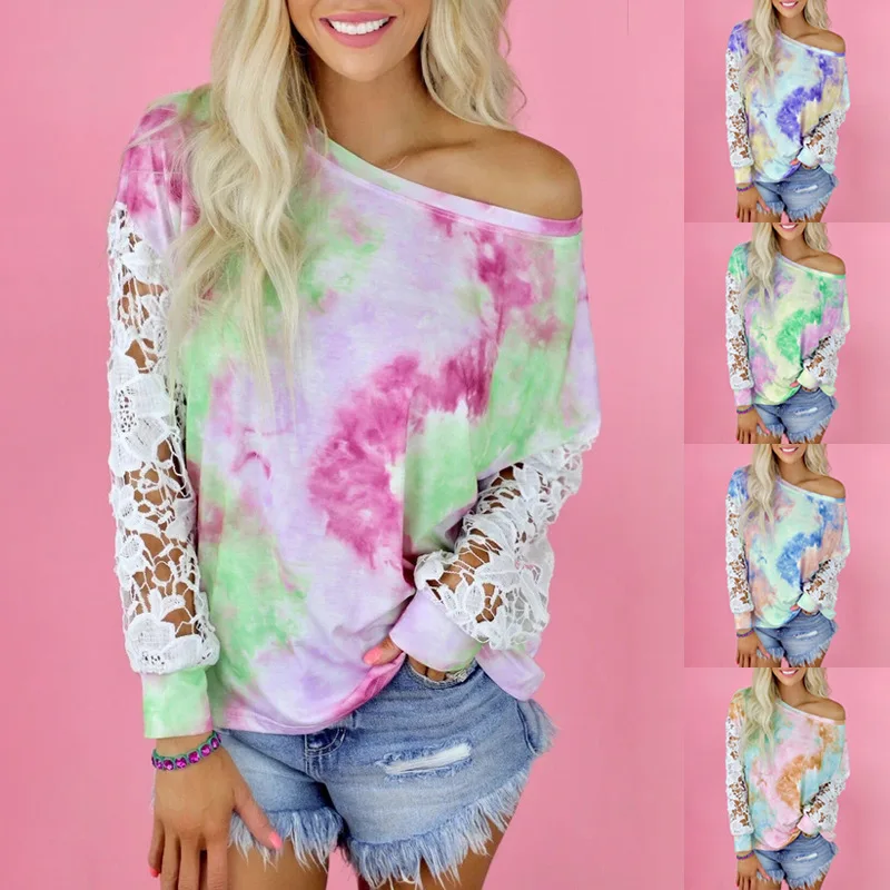 

Women Tie Dye T-Shirt Lace Patchwork Crew-Neck Plus Size T-Shirt Casual Tee Blouse Tops Female Camisetas Verano Mujer 2021