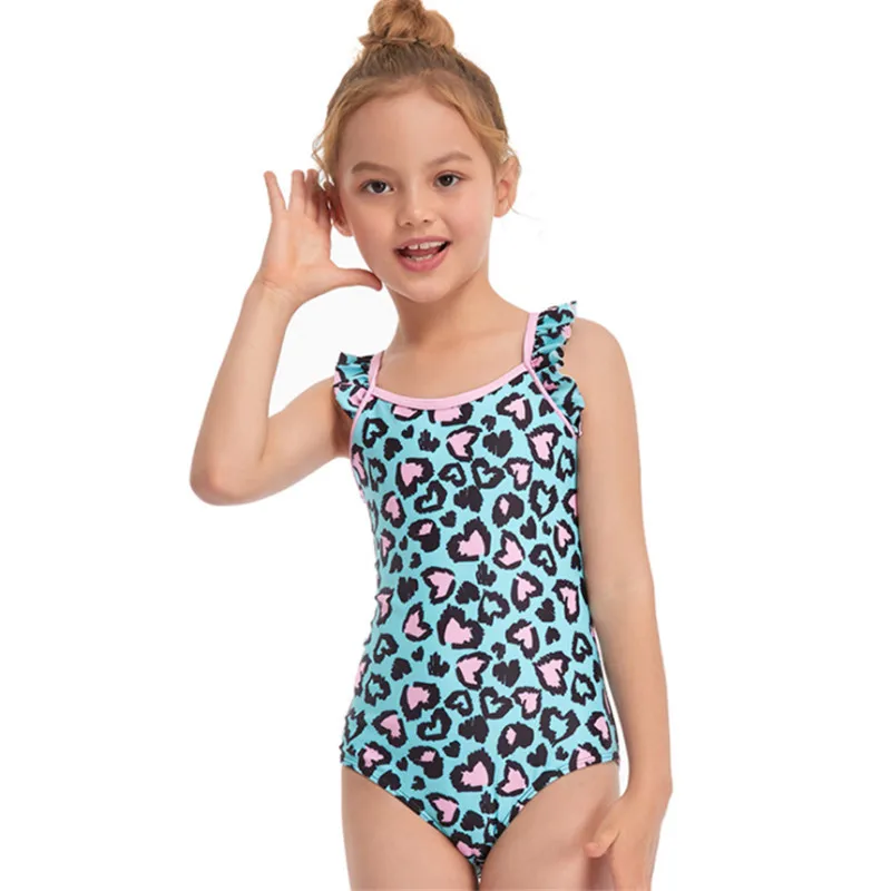 

Little Girl’s Sweet Leopard One-Piece Swimsuit Fashion Ruffles Fly Sleeve Triangle Swimsuit