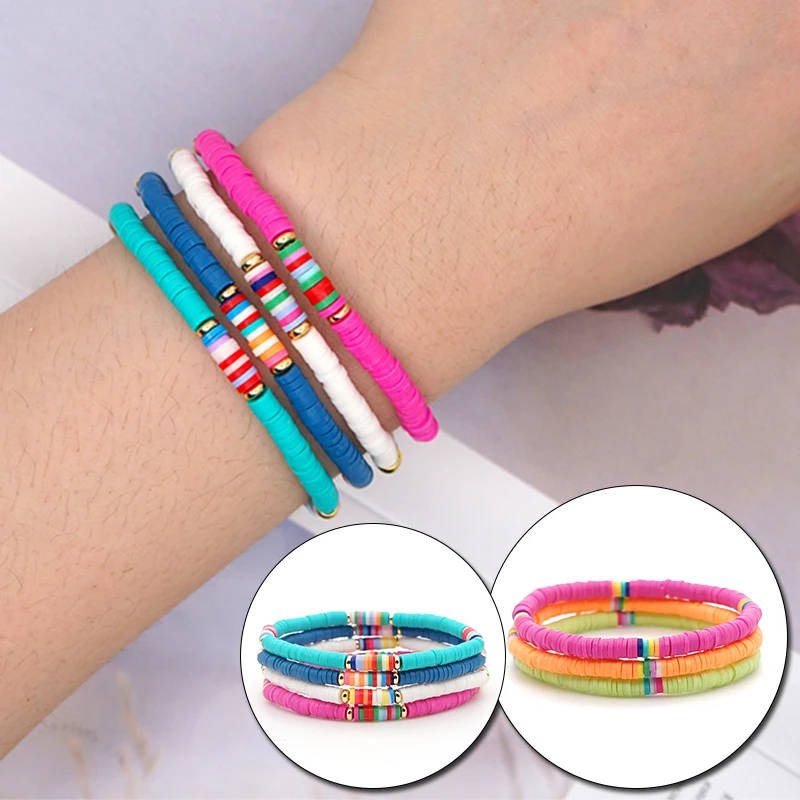

Fashion Woman Bracelets MultiColor Polymer Clay Bead Wrist Jewelry Boho Wristband Gift for Best Friend Couple Bracelet