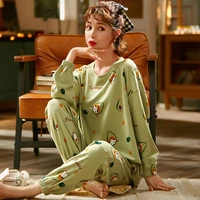 winter cotton women pajama set green long sleeve top long pant woman sleepwear cute avocado female home suit fashion nightwear