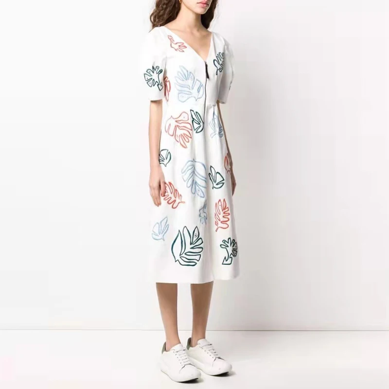 

Женское модельное платье с V-образным вырезом, длинное праздничное платье на молнии с коротким рукавом и цветочной вышивкой, лето 2021