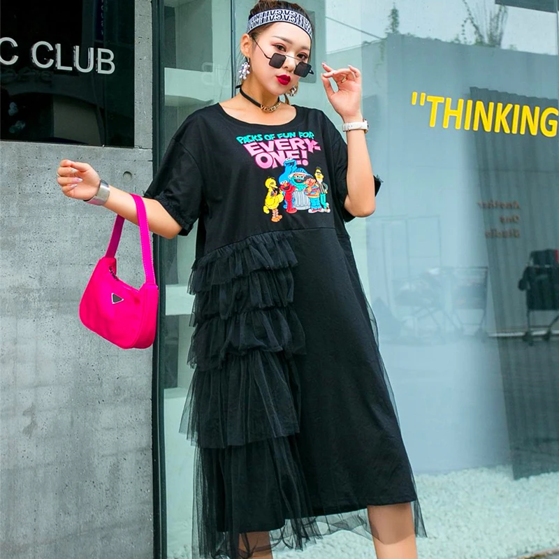 Женское платье с коротким рукавом QING MO летнее Сетчатое большого размера принтом