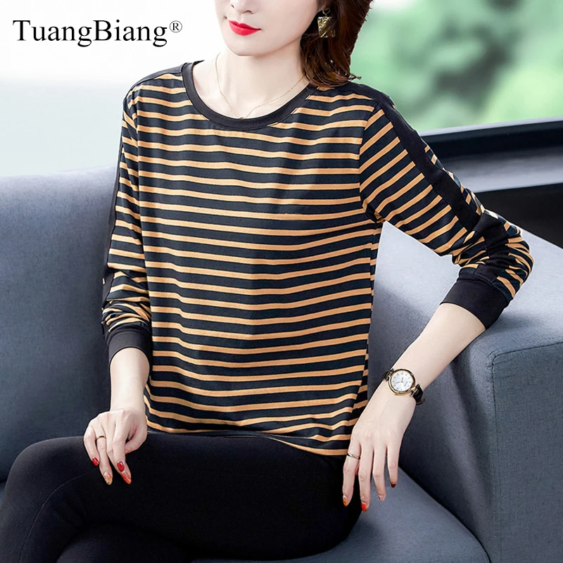 Женская хлопковая футболка в полоску свободная большого размера с длинным