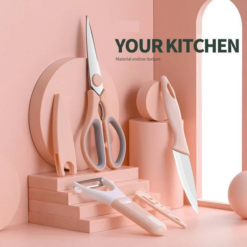 

Pink Kitchen Scissors Cutter Set Fruit Peeler Chicken Bone Scissors Multifunctional Set Multifunctional Kitchen Knives
