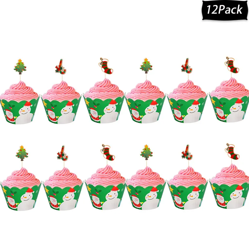 12sets cupcake-C Рождественские обертки для выпечки кексов, новогодние вечерние Декор кекса, украшения для рождественской вечеринки, Санта-торт-снеговик - Цвет: 12sets cupcake-C