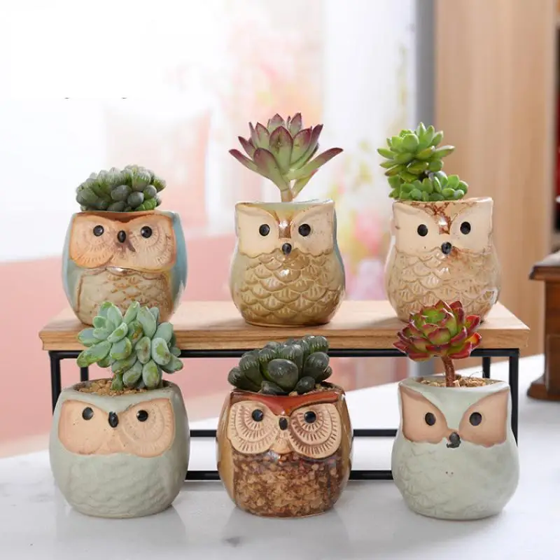 

Cute Creative Owl Vase Garden Supplies Ceramic Flowerpots Miniature Model Succulent Flower Pot Planter Desktop Decorations