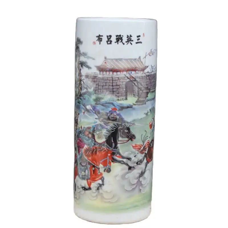 Chinese Old Porcelain Coloured Drawing San Ying Zhan Lvbu Painting Pen Container