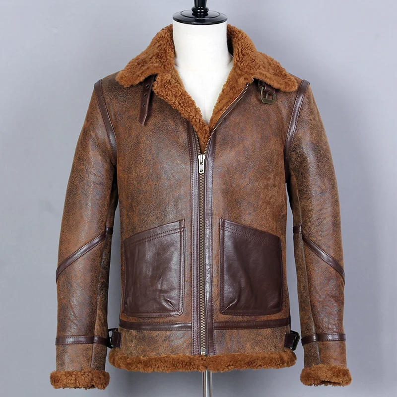 

One 2019 меховая летная куртка ВВС, Натуральная овечья кожа, кожаная куртка, Мужская шерстяная подкладка, куртка-бомбер, дубленка, зимнее пальто