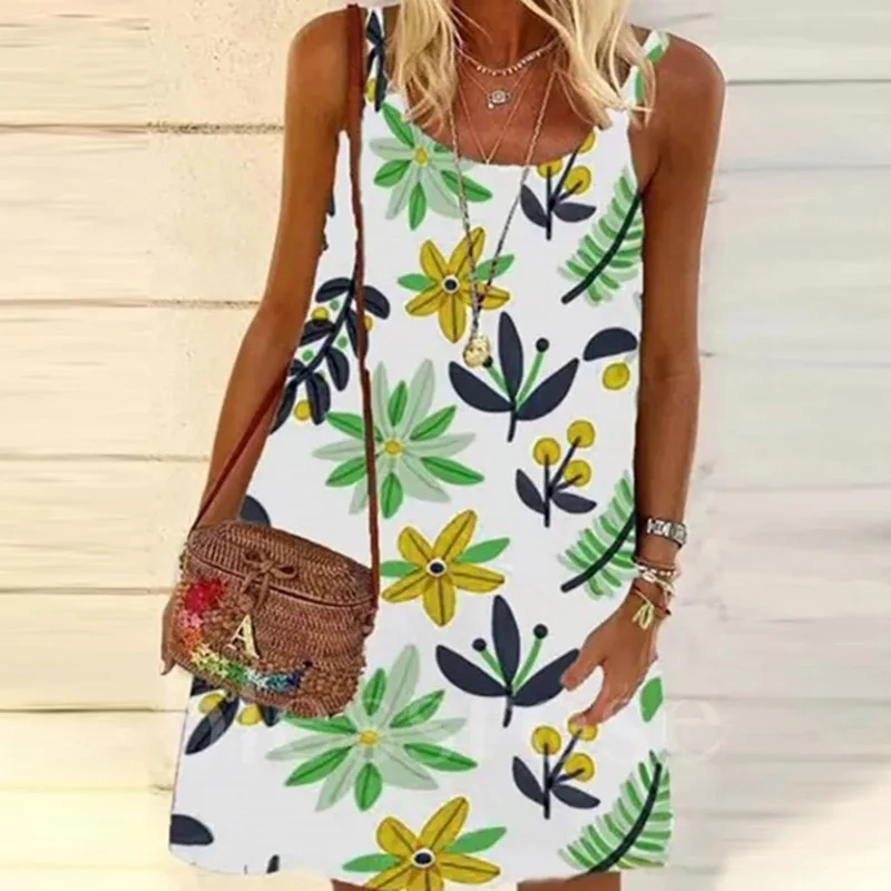 

New Summer Sleeveless Spaghetti Strap Dress Women Elegant Square Collar Office Lady Dress Spring Floral Print A-Line Party Dress