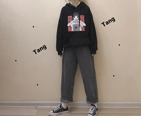 Аниме принт толстовка женская Kawaii Толстовка Harajuku одежда пуловер с капюшоном корейского размера плюс тонкая Повседневная Уличная одежда Топ V562
