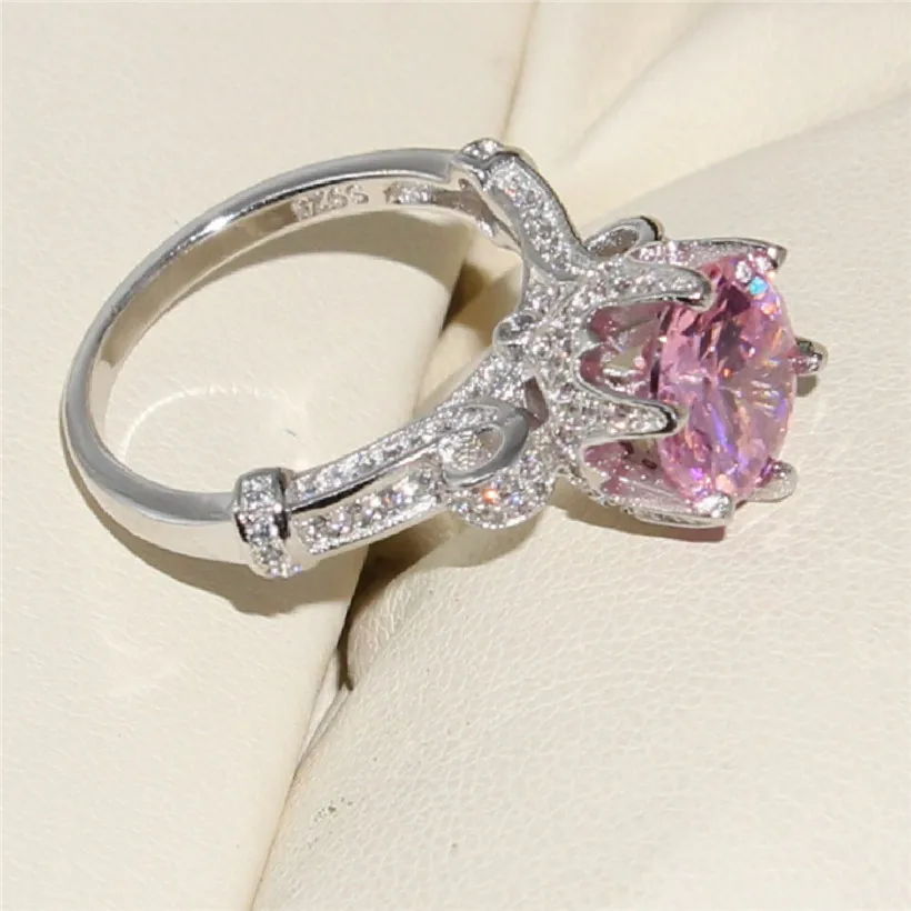 

Luxury 925 Sterling Silver Wedding Engagement Halo Rings For Women finger Big Pink 3ct Simulated Diamond jewelry wholesale