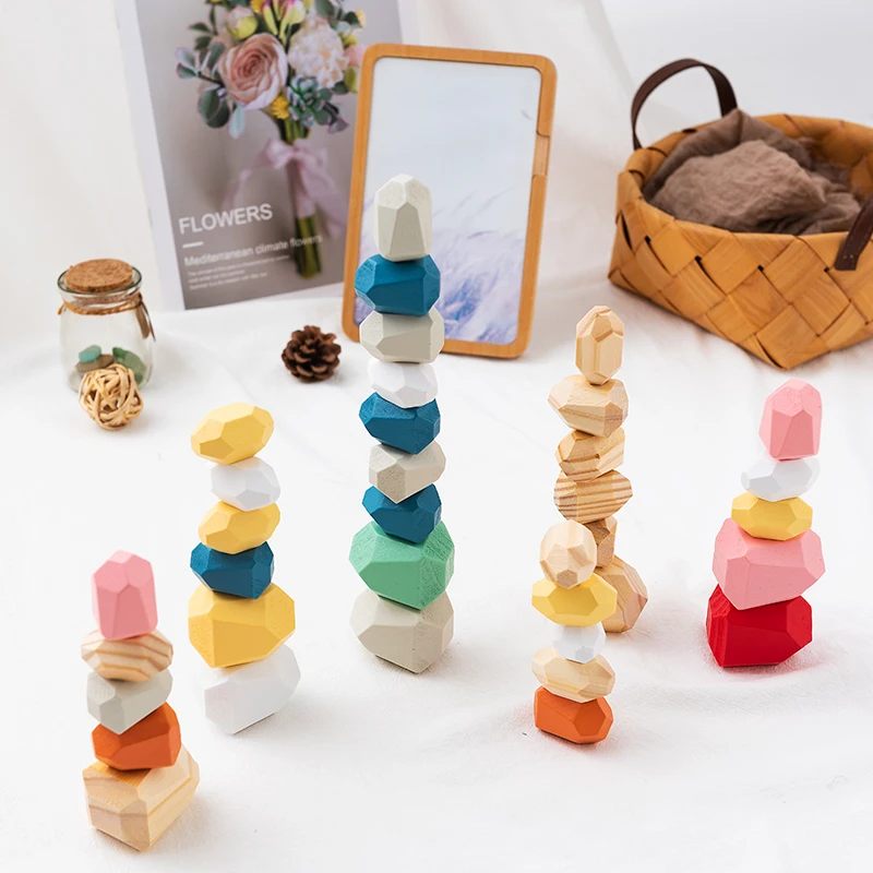 

10PCS Colored Pine/Beech Stone Jenga Building Block Educational Toy Baby Stacking Game Balancing Stone Jenga Wooden Toy For Kids